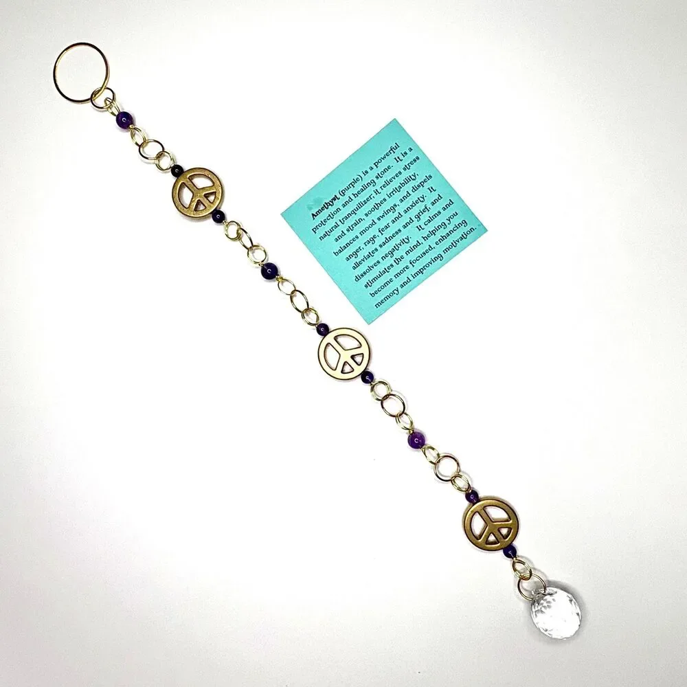 Amethyst Peace Sign Wall Hanging Gold Peace Charm Amethyst Beads Crystal Prism